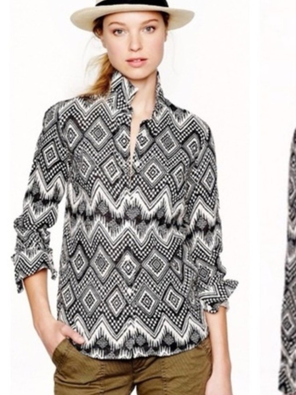 J.Crew Boy Shirt Linen Geometric Button Down Black White Size 8 Boho